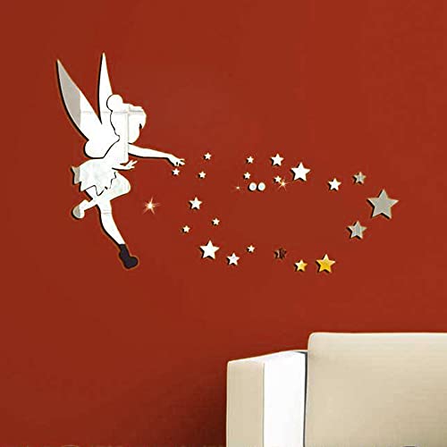 Dreamark Pegatinas de pared de espejo 3D extraíbles pegatinas de pared, hada niña y estrella DIY de plata para decoración del hogar
