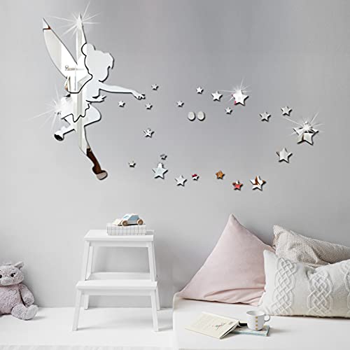 Dreamark Pegatinas de pared de espejo 3D extraíbles pegatinas de pared, hada niña y estrella DIY de plata para decoración del hogar