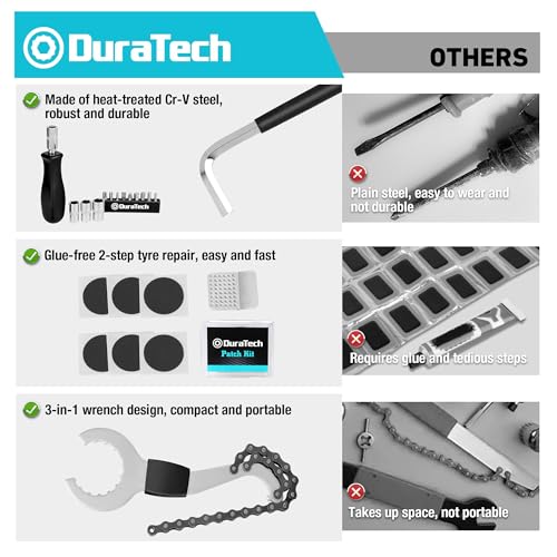 DURATECH 31 Piezas Juego de Reparación de Bicicleta, Maletín de Herramientas para Bicicleta, Herramientas de Neumáticos y Cadenas, Extracción de Pedales del Eje Central, para Reparar Bicicleta