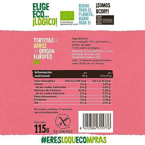 Ecocesta - Pack de 12 Unidades de 115 g de Tortitas Ecológicas de Arroz Integral - Sin Azúcar Añadido y Sin Gluten - Fuente de Hidratos de Carbono - Aptas para Veganos