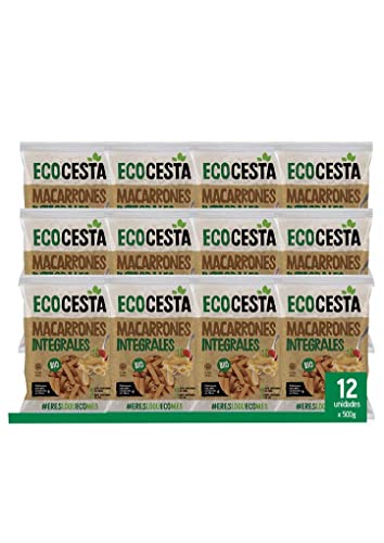 Ecocesta - Pack de 12 Unidades de 500 g de Macarrones Integrales Ecológicos - Ricos en Hidratos de Carbono y Fibra - Bajo Contenido en Sal - Elaborado con Sémola de Trigo Duro Integral