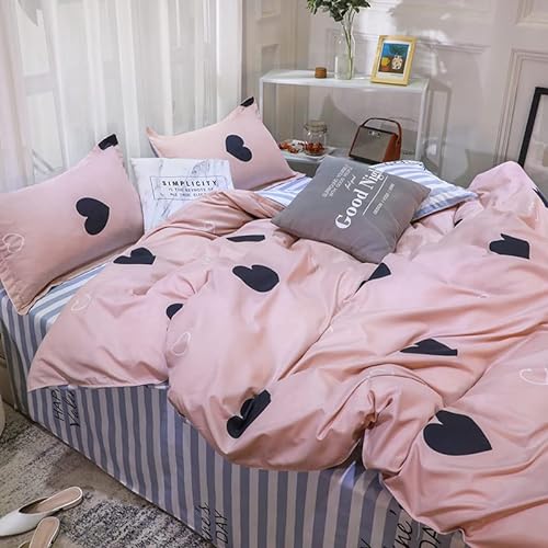 ED-Lumos Juego Sábanas de Cama Microfibra Juego de Funda de edredón Poliéster４pcs Cama 90cm Funda nórdica 150x200cm Sábana encimera 200x230cm Funda de Almohada 48x74cm Estampado Rosa con Corazón