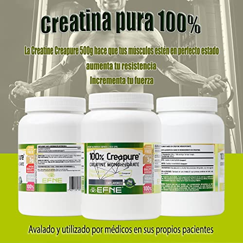 EFNE | Creatina Creapure | 500 g | Creatina en polvo | 100% de pureza Creapure | Aumenta Resistencia y Fuerza, Sabor Neutro | Vegano |