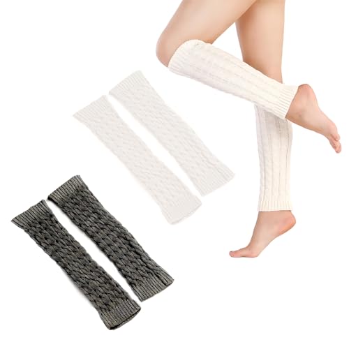 EIHI 2 Par Calentadores Piernas Mujer, Calentadores Niña, Calentadores De Piernas De Punto Extra Suaves Por Encima De La Rodilla Sin Pies Para Mujer, Para Yoga, Ballet Y Danza(Blanco, Negro)