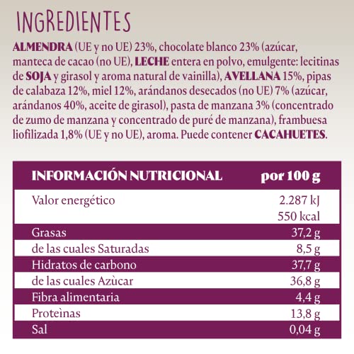 El Almendro, Barritas de Almendra con Chocolate Blanco y Frutos Rojos, Barritas Energeticas, Barritas Cereales, 4 porciones de 25 Gramos, 100 Gramos