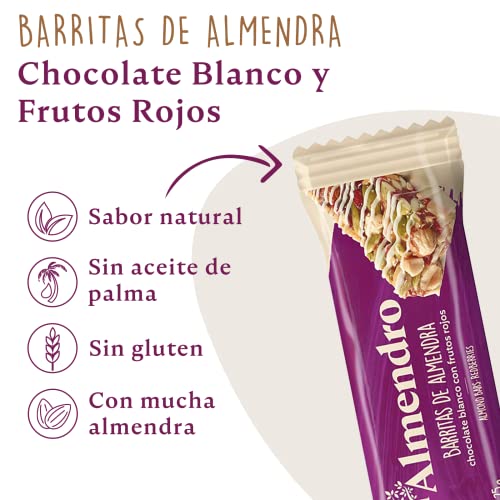 El Almendro, Barritas de Almendra con Chocolate Blanco y Frutos Rojos, Barritas Energeticas, Barritas Cereales, 4 porciones de 25 Gramos, 100 Gramos