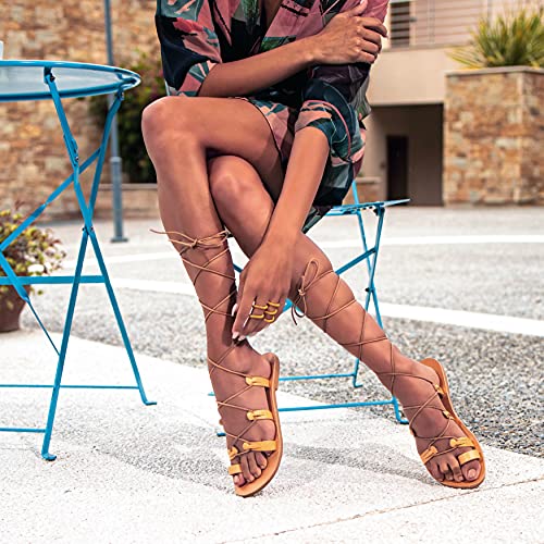Emmanuela Sandalias altas de cuero en estilo griego antiguo, Sandalias de gladiador hechas a mano, Zapatos de verano, Sandalias con cordones Dorado, 38 EU