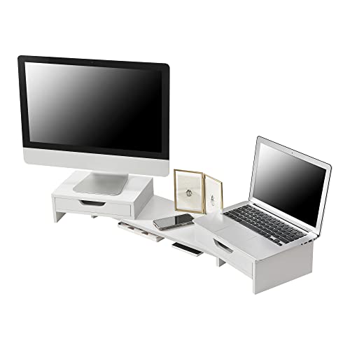 [en.casa] Soporte para Monitor o Portátil para Mesa de Ordenador 2 con Cajones Giratorios Base para Pantalla de Ordenador Aglomerado 60 x 22 x 11 cm Blanco