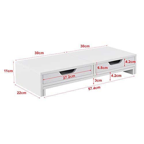 [en.casa] Soporte para Monitor o Portátil para Mesa de Ordenador 2 con Cajones Giratorios Base para Pantalla de Ordenador Aglomerado 60 x 22 x 11 cm Blanco