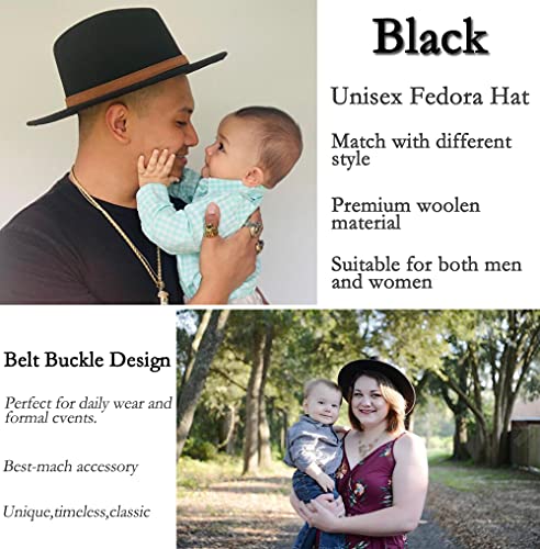 ericotry Clásico Unisex Negro Ala Ancha Fedora Sombrero Cinturón Hebilla Lana Fieltro Sombrero Panamá Sombrero Jazz Sombrero Fedora Gorra