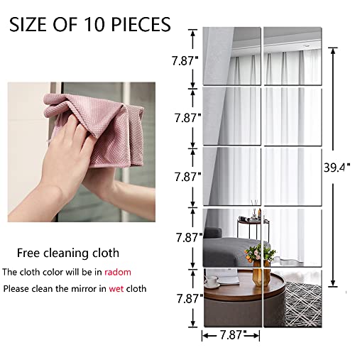 Espejos de pared de longitud completa, 10 piezas de espejo de plexiglás acrílico montado en la pared, espejo sin marco, espejo largo grande para entrenamiento en casa, gimnasio, baile, espejo para