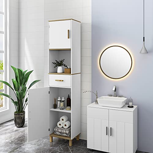 EUGAD Armario Baño Alto, Armario Columna de Almacenamiento, Mueble Baño Blanco con 2 Puertas, 4 Compartimentos Interiores, 1 Compartimento Abierto y 1 Cajón, MDF, 39x30x179 cm