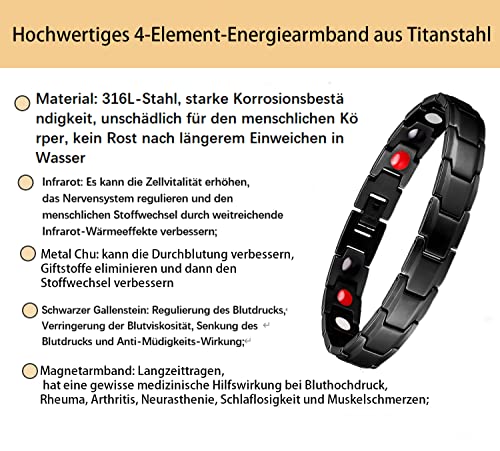 EUMENIDES Pulsera magnética de acero de titanio para hombre, pulsera magnética de 4 elementos, elimina la electricidad estática, mejora la circulación, alivia el estrés (pulsera magnética negra)