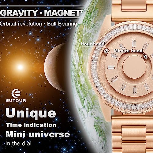 EUTOUR Reloj Hombre Magnetico Elegante Designer Cristales Brillante Cuarzo Sin Vidrio Rodamiento de Bolas Relojes de Pulsera para Mujeres con Correa de Acero Inoxidable Dorado