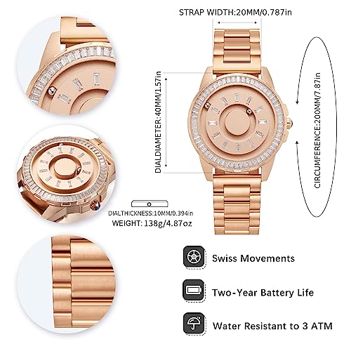 EUTOUR Reloj Hombre Magnetico Elegante Designer Cristales Brillante Cuarzo Sin Vidrio Rodamiento de Bolas Relojes de Pulsera para Mujeres con Correa de Acero Inoxidable Dorado