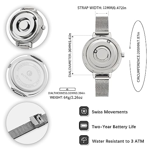 EUTOUR Reloj Mujer Magnetico Elegante Designer Minimalista Cuarzo Sin Vidrio Rodamiento de Bolas Relojes de Pulsera para Mujeres con Correa de Acero Inoxidable Plateado