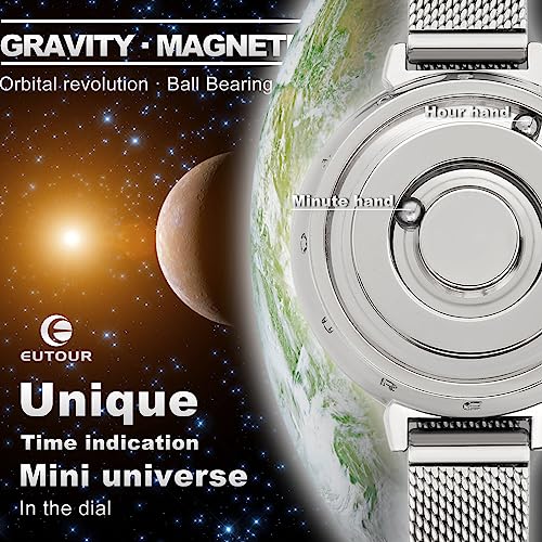 EUTOUR Reloj Mujer Magnetico Elegante Designer Minimalista Cuarzo Sin Vidrio Rodamiento de Bolas Relojes de Pulsera para Mujeres con Correa de Acero Inoxidable Plateado
