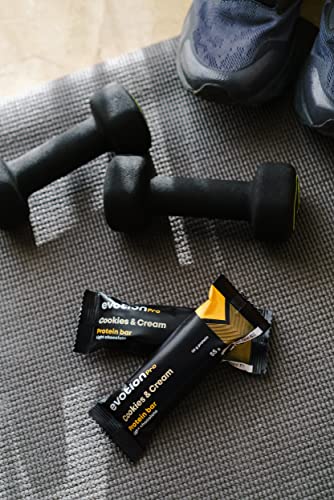 EVOTION PRO - Barritas Proteína (20 x 55g), Baja en azúcar, Baja en Calorías, 20g Proteína por Barrita, Protein Bar para Masa Muscular - Incluye 4 sabores variados
