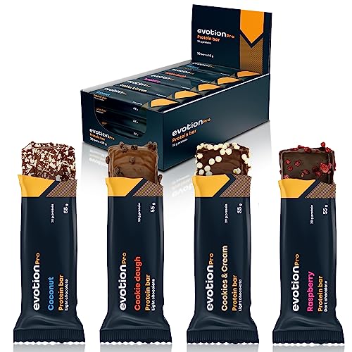 EVOTION PRO - Barritas Proteína (20 x 55g), Baja en azúcar, Baja en Calorías, 20g Proteína por Barrita, Protein Bar para Masa Muscular - Incluye 4 sabores variados
