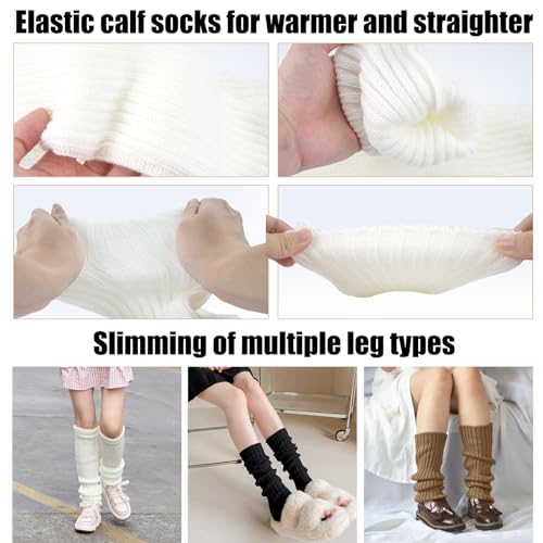 EXIN DECHEN 3 Pares Calentadores Piernas para Mujer y Niña,Y2k Invierno Leg Warmers,Calentadores de Piernas para Mujer,Calentadores de Punto Calcetines de Algodón Largo Elástico(Negro/Blanco/Caqui)