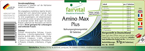 Fairvital | Amino Max Plus - complejo de aminoácidos - vegetariano - 90 Comprimidos - contiene 13 aminoácidos esenciales - Calidad Alemana