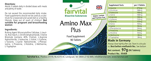 Fairvital | Amino Max Plus - complejo de aminoácidos - vegetariano - 90 Comprimidos - contiene 13 aminoácidos esenciales - Calidad Alemana