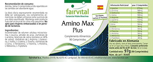 Fairvital | Amino Max Plus - complejo de aminoácidos - vegetariano - 90 Comprimidos - contiene 13 aminoácidos esenciales - Calidad Alemana