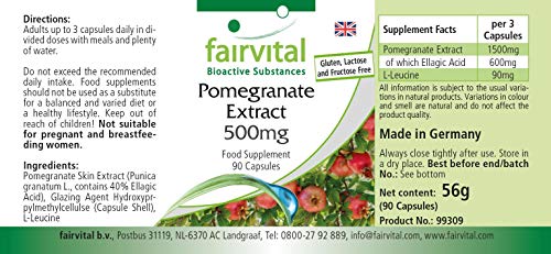 Fairvital | Extracto de Granada 500mg - VEGANO - Dosis elevada - 40% de Ácido elágico - 90 Cápsulas - Calidad Alemana