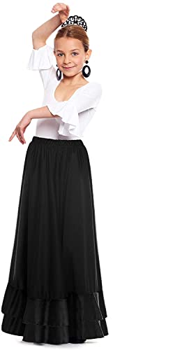 Falda Flamenco Niña Español, Falda Ensayo Flamenco Negro Rojo Volante Simple Volante Doble [Tallas Infantiles 2 a 12 años] Falda Baile Español Para Clase Feria Fiesta (8 años, Negro volante doble)