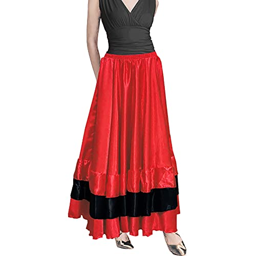 Falda larga de satén con capas negras y rojas para mujer para flamenco español, danza del vientre, gitana, México, ballet, folclorico, actuación, Tema Rojo