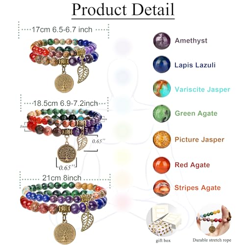 Farfume Pulseras de chakra para mujer - Pulsera de cristales de piedras curativas para mujer Piedras preciosas naturales Yoga Reiki Brazalete - Un juego de pulseras dobles(Pulsera de Chakras)
