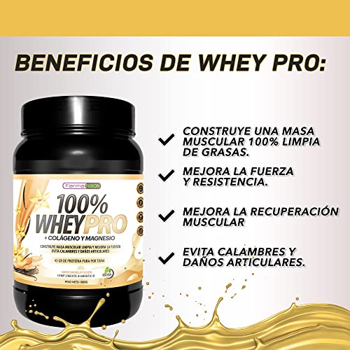 Farmafusion 100% Whey Protein con Colágeno y Magnesio, 43 gramos de Proteína pura Por Toma, 0% Azúcares, Vainilla, 1000 g