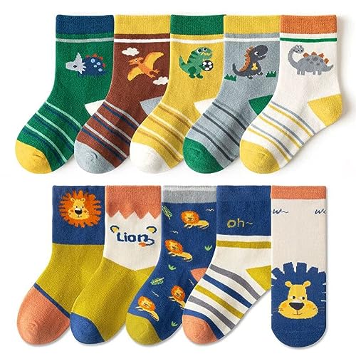 FedMois Calcetines Algodón Invierno de Niño y Niña Pack de 10, león & dinosaurios, Talla 23-26