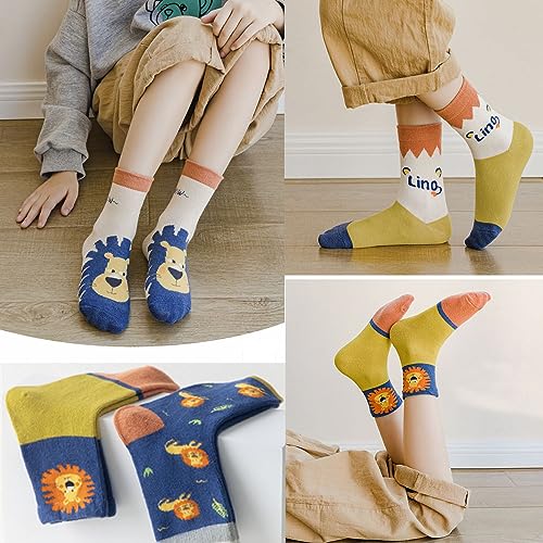 FedMois Calcetines Algodón Invierno de Niño y Niña Pack de 10, león & dinosaurios, Talla 23-26