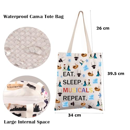 FEELMEM Elsa Anna - Bolsa de mano musical con texto en inglés "Eat Sleep Musicals Repeat Theatre", regalo para fanáticos de Broadway, beige, Medium