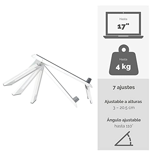 Fellowes I-Spire Series - Soporte Elevador Ajustable para portátil, Ajustable a 7 ángulos, soporta portátiles de hasta 17" y 4kg, Color Blanco