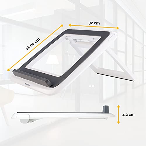 Fellowes I-Spire Series - Soporte Elevador Ajustable para portátil, Ajustable a 7 ángulos, soporta portátiles de hasta 17" y 4kg, Color Blanco