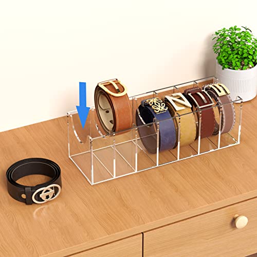 FEMELI Organizador de cinturón, soporte de almacenamiento de acrílico para 7 compartimentos, estuche de exhibición de cinturón transparente para corbata de armario y pajarita
