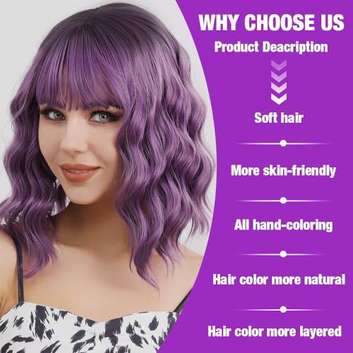 FENGQ Peluca corta Bob con flequillo, peluca para mujer púrpura, pelucas rizadas onduladas, pelucas moradas onduladas cortas, pelucas moradas degradadas naturales, pelo sintético para mujeres, cosplay