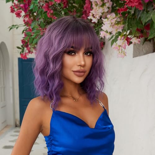 FENGQ Peluca corta Bob con flequillo, peluca para mujer púrpura, pelucas rizadas onduladas, pelucas moradas onduladas cortas, pelucas moradas degradadas naturales, pelo sintético para mujeres, cosplay