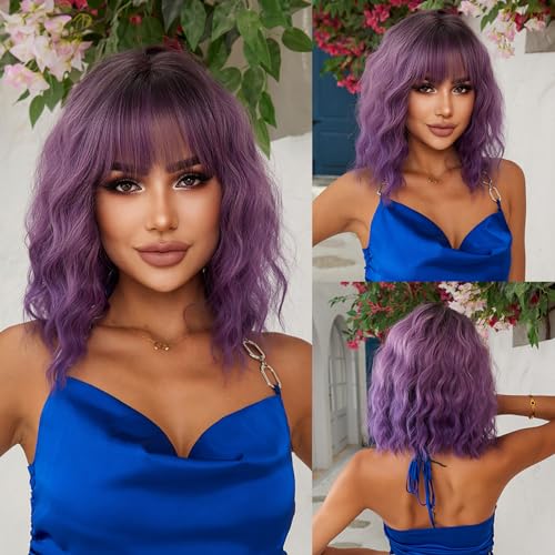 FENGQ Peluca corta Bob con flequillo, peluca para mujer púrpura, pelucas rizadas onduladas, pelucas moradas onduladas cortas, pelucas moradas degradadas naturales, pelo sintético para mujeres, cosplay