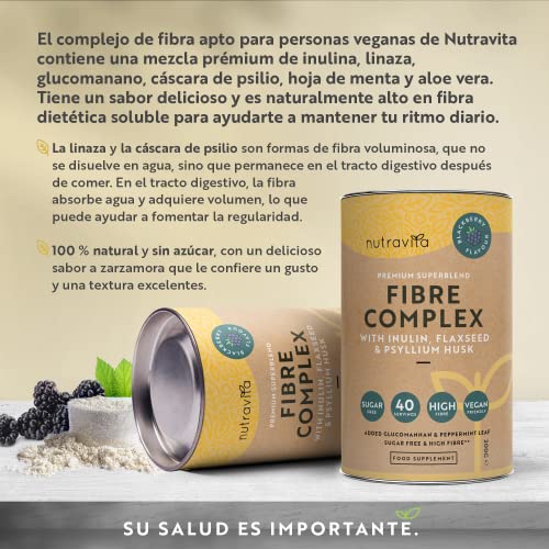 Fibra en polvo - Sabor a mora - Suplemento vegano con inulina, linaza y cáscara de psyllium - Alto contenido de fibra dietética soluble para apoyar el ritmo diario y la salud intestinal