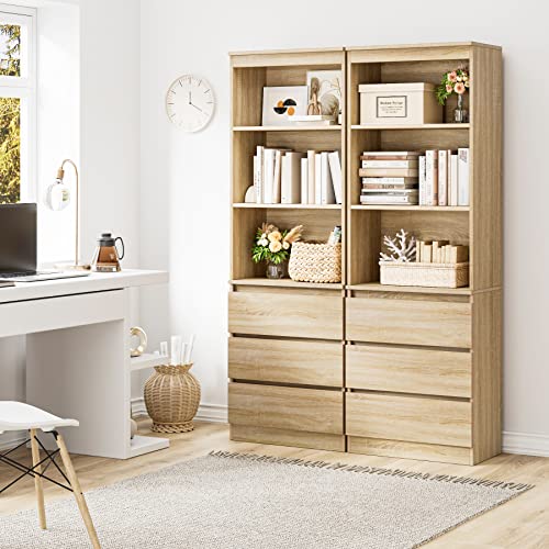 FirFurd 180cm Estantería con 3 Cajones, Estantería Almacenaje Madera, Librería Estantería, Mueble Organizar Documentos, Archivadores, Carpetas, Libros, para Oficina, Salón, Roble, 60x35x180cm