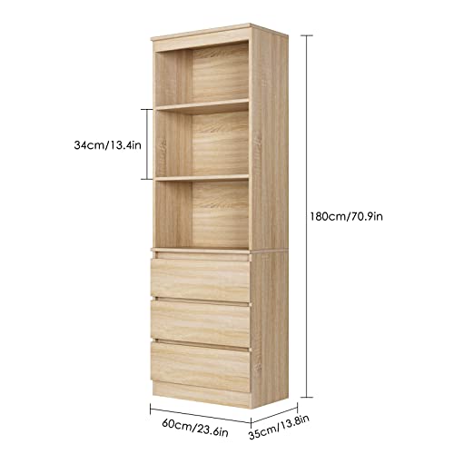 FirFurd 180cm Estantería con 3 Cajones, Estantería Almacenaje Madera, Librería Estantería, Mueble Organizar Documentos, Archivadores, Carpetas, Libros, para Oficina, Salón, Roble, 60x35x180cm