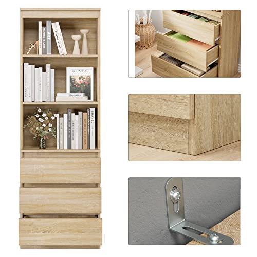 FirFurd 180cm Estantería con 3 Cajones, Estantería Almacenaje Madera, Librería Estantería, Mueble Organizar Documentos, Archivadores, Carpetas, Libros, para Oficina, Salón, Roble, 60x35x180cm