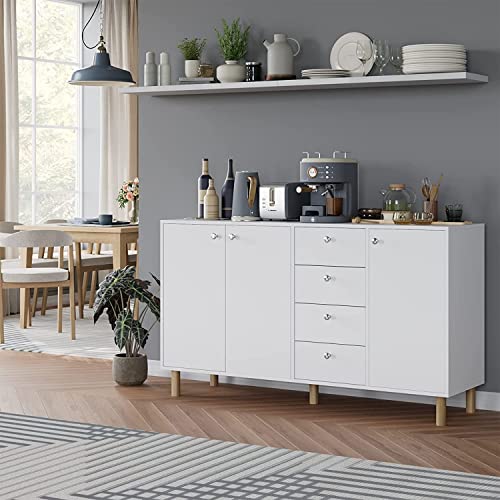 FirFurd Cómoda Dormitorio con 4 Cajones, Mueble Entrada Recibidor, Aparador Salón, Aparador Comedor, Mueble Almacenaje, 3 Puertas, Cocina, Madera, Moderno, Nórdico, Blanco, 140x40x80cm