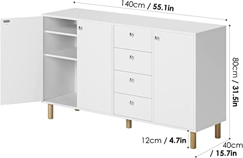 FirFurd Cómoda Dormitorio con 4 Cajones, Mueble Entrada Recibidor, Aparador Salón, Aparador Comedor, Mueble Almacenaje, 3 Puertas, Cocina, Madera, Moderno, Nórdico, Blanco, 140x40x80cm