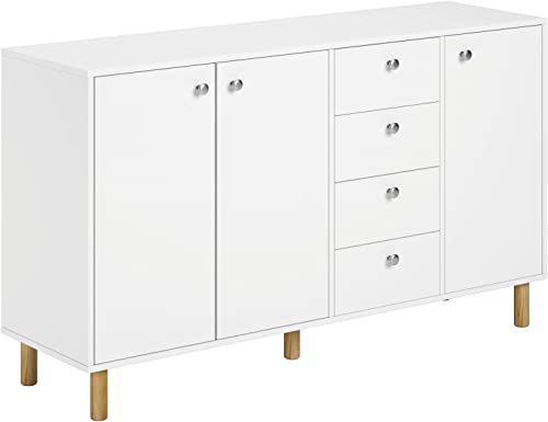 FirFurd Cómoda Dormitorio con 4 Cajones, Mueble Entrada Recibidor, Aparador Salón, Aparador Comedor, Mueble Almacenaje, 3 Puertas, Cocina, Madera, Moderno, Nórdico, Blanco, 140x40x80cm