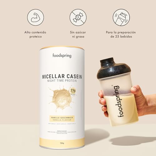 foodspring Caseina micelar para la recuperación nocturna - Proteinas de caseina en polvo para el crecimiento muscular - 23g de proteína por batido de caseina sin azúcar (750g | Vainilla)