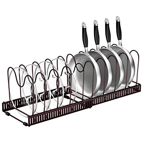 Fousenuk Organizador de Sartenes, Soporte Sartenes Expandible de Cocina, Separador de Sartenes Ajustable con 10 Compartimentos, Estante Ollas y Tapas, Sujeta Tapas Cocina de Metal (Bronce)